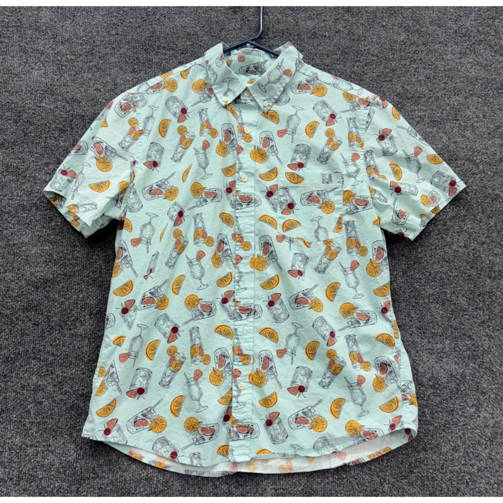 Goodfellow Button Down‎ Mens L Green Cocktail Print Slim Fit Short Sleeve Summer